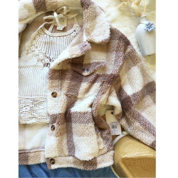 NWT Billabong Grafton Neutral Tone Plaid Sherpa Jacket - Picture 8 of 10